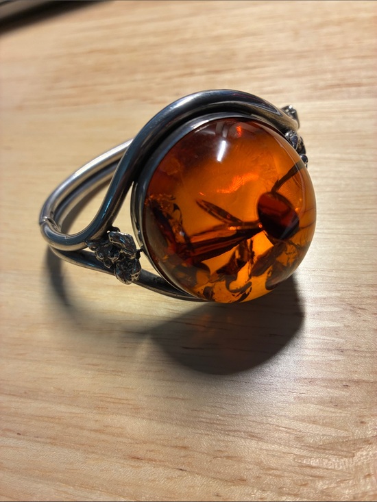 Jewelry - Vintage Sterling Silver Bracelet with Genuine Amber Cabochon
